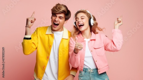 Happy young couple in colourful clothes dancing against pink studio background listening music, using headphones. American cheerful guy pointing up by index finger laughing. Happy people.