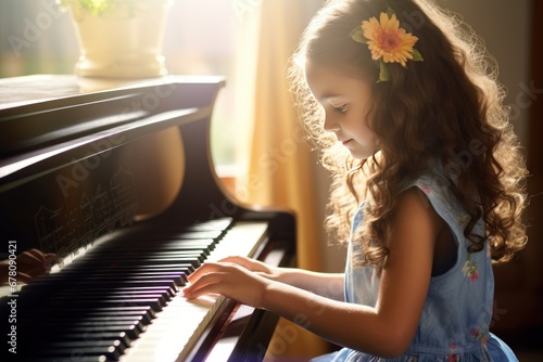 Little Caucasian girl earnestly learns to play scales on piano from music notebook on piano. Small female student learns to play piano to develop fully in music school.