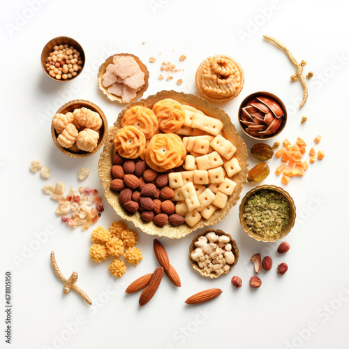 Indian sweets and snack in plate on white background