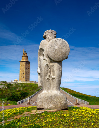 Statue of Breogan, the mythical Celtic king from Galicia located near the Tower of Hercules, A Coruna, Galicia, Spain