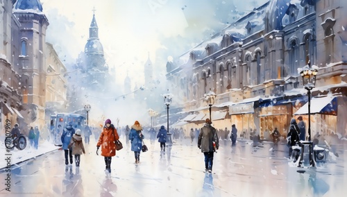 Winter cityscape in watercolor style by Generative AI