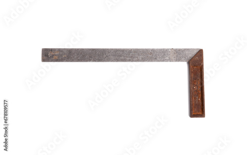 Old Iron Ruler With Angle Bar Closeup Photo Isolated On White Background