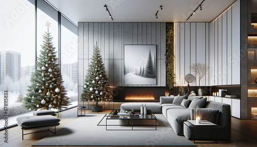 A contemporary living room designed for a festive Christmas, featuring a distinctive layout. In this design, a slender, vertically oriented Christmas