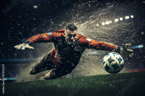 A goalkeeper is seen diving in full stretch to make a save during a tense penalty shootout, the crowd in the background holding their breath
