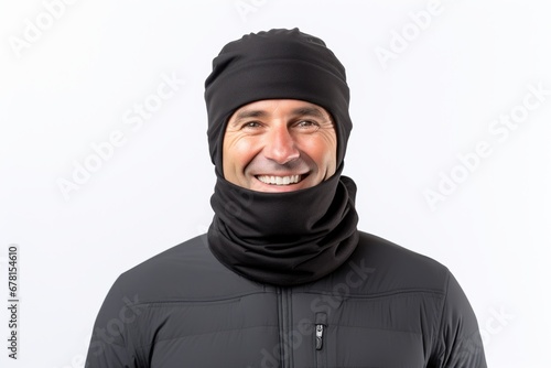 Portrait of a smiling man in his 40s wearing a protective neck gaiter against a white background. AI Generation