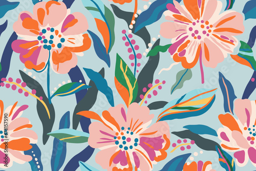 Colorful patterns depicting tropical plants, flowers, flower twigs, leaves on a light blue background. Foliage of exotic plants in summer for banners, prints, decor.