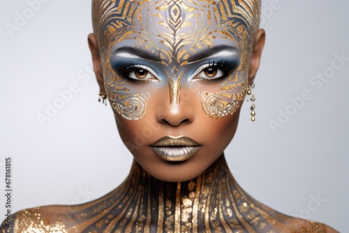 Ethnic beautiful African model with short haircut and gold with blue and white color patterns on her face, trendy makeup, body art, from the page of glossy glamour magazine. 