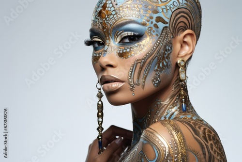 Ethnic African model with short haircut, jewelry and gold with blue and white color patterns on her face, trendy makeup, body art, from the page of glossy glamour magazine. 