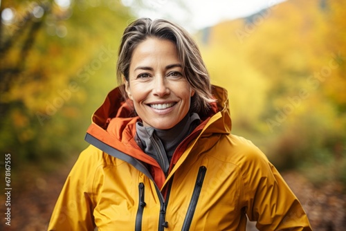 Portrait of a happy woman in her 40s wearing a functional windbreaker against a background of autumn leaves. AI Generation