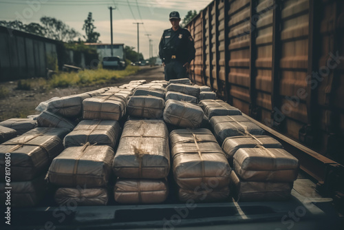 Drug trafficking Police stopped. Criminals transporting consignment of drugs. Police arest and seized a shipment of drugs, stopped drug courier, drug dealer, drug trafficker. Border custom control.