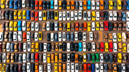 Aerial view of a parking lot with many colorful cars