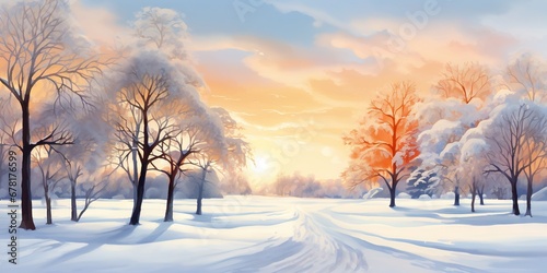 Winter Wonderland Serene Snowy Park Under Morning Sun, Generative AI