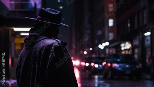 Urban superhero in a black hat and coat. Mysterious night guardian of law and order, crimefighter. Superheroes wear capes.