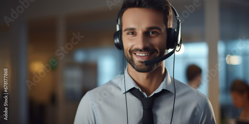 a man with a headset takes a call in a call center