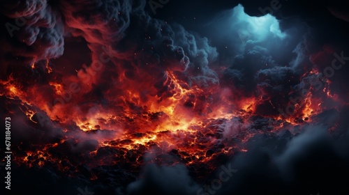 Dramatische Darstellung eines massiven Vulkanausbruchs bei Nacht mit Magma, Lava, Blitzen, Feuer und Wolken