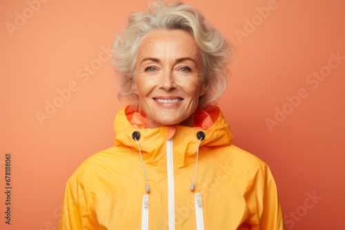 Portrait of a glad woman in her 60s wearing a functional windbreaker against a pastel orange background. AI Generation