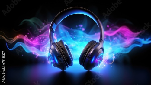 Headphones and soundwaves on dark background. Concept of electronic music listening. Digital audio equipment