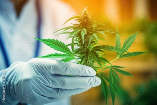 view of a doctor holds up cannabis for medical propose - alternative medicine concept