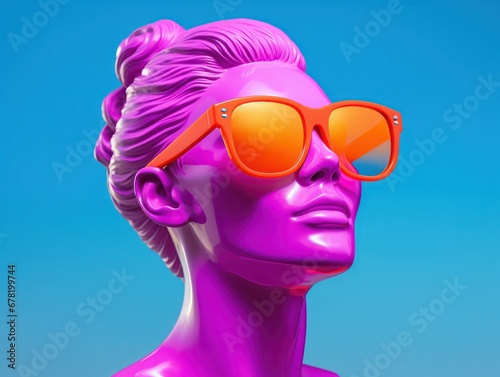 pop art statue head of a woman with sunglasses on bright blue background