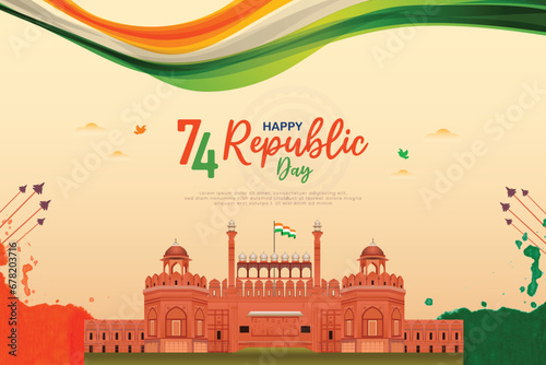 Happy republic day India wishing, greeting banner or poster with red fort background design vector illustration