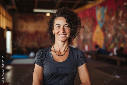 Portrait of a satisfied woman in her 40s sporting a vintage band t-shirt against a vibrant yoga studio background. AI Generation