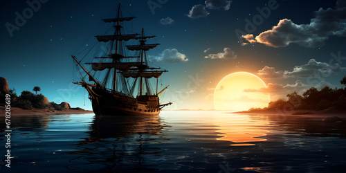 Pirate ship Retro or antique sailboat, Silhouette of pirate ship at night with mysterious sea light, ship in the sea, Free Vector sunset in the forest beautiful landscape background Generative AI