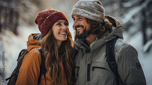 Young couple in warm clothes and hats with backpacks on hiking trip through the winter forest