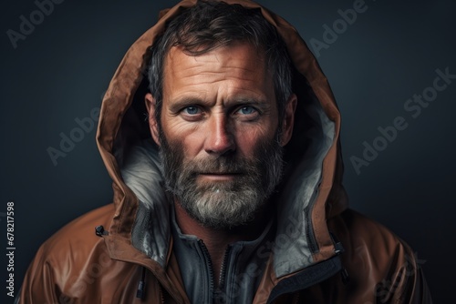 Portrait of a tender man in his 40s dressed in a water-resistant gilet against a bare monochromatic room. AI Generation