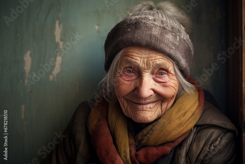 Portrait of a joyful elderly woman in her 90s dressed in a warm ski hat against a bare monochromatic room. AI Generation