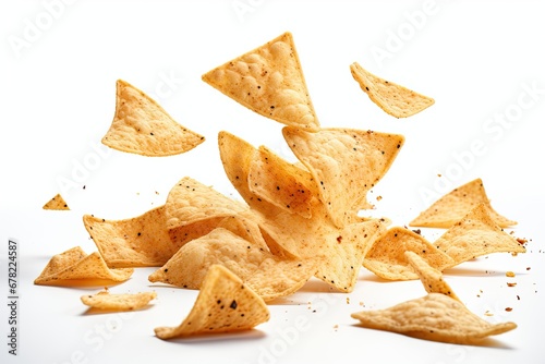 Tortilla Chips soaring in mid-air, isolated against a pristine white background.