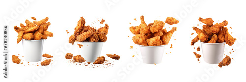 Set of Fried chicken flying on paper bucket isolated on transparent or white background