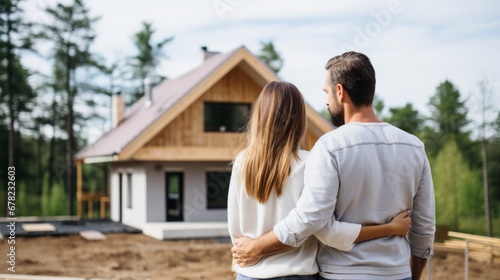 Young couple from the back looking to their newly built dream house