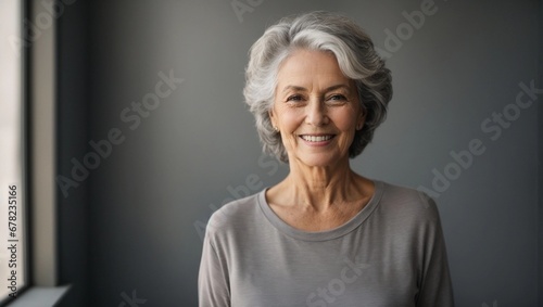 beautiful senior woman smiling and standing at grey wall background