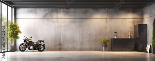 A high-definition image of a modern concrete garage interior with a mock-up space and blurry walls, featuring clean and shiny surfaces with a symmetrical grid line texture.