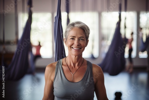 relaxed mature woman doing aerial yoga in a studio