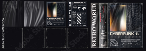 A set of cyberpunk-themed graphic design elements with a retro-futuristic aesthetic, including old vintage vinyl album paper cover overlay frame. Stamps distress grain. Vector collection