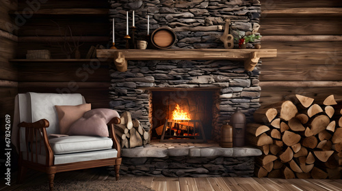 cabin interior design with roaring fireplace cozy armchair
