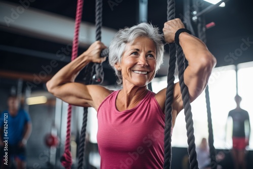 Lifestyle portrait photography of an active mature woman practicing rope climb in a gym. With generative AI technology