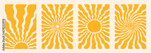 Groovy retro abstract sun backgrounds. Organic doodle shapes in trendy naive hippie 60s 70s style. Contemporary poster print banner template. Vertical Wavy vector illustration in yellow colors.