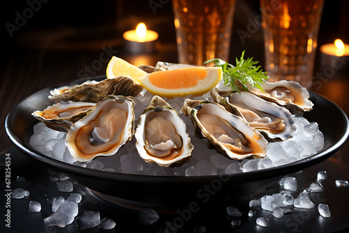Oysters on the half shell. Fresh oysters served with cocktail sauce and fresh lemons. Oyster dinner in restaurant.