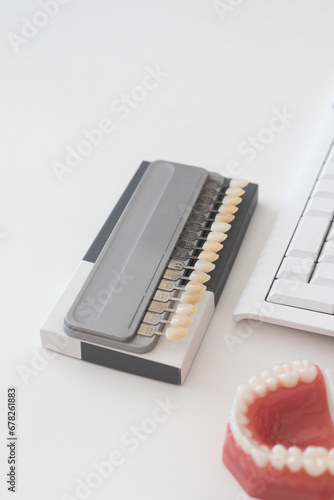 Shade guide to check veneer of tooth crown in a dental laboratory.