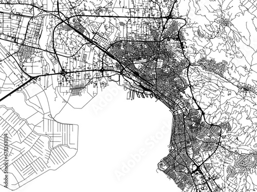 Vector road map of the city of Thessaloniki in Greece with black roads on a white background.