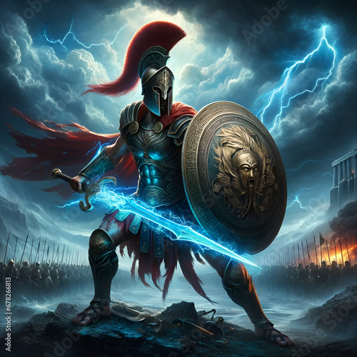 Ancient Spartan warrior in a Greek armor, standing boldly with a sword and a large shield. Helm with a striking red plume. mystical blue lighting along the sword. Army in formation. Epic battle scene