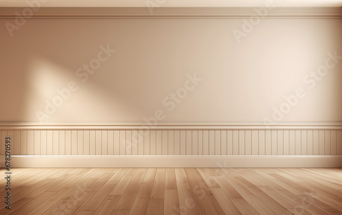 Precioso fondo de pared de salón elegante de tonos claros y suelo de madera. 