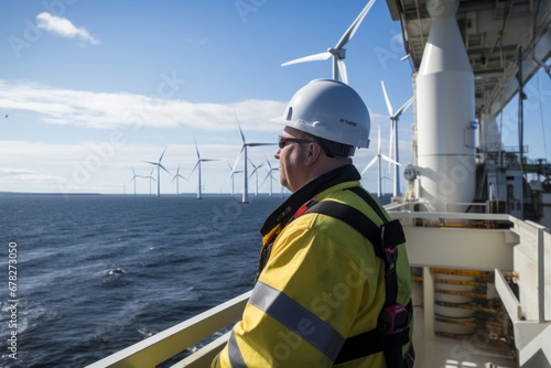 Safety-Conscious Offshore Wind Farm Worker Overlooking Sea of Turbines