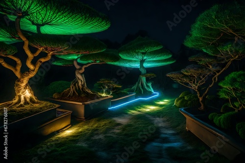  Neon lights illuminating a bonsai garden path, guiding the way in the darkness.