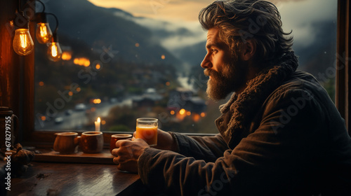 A wide horizontal photo banner image of handsome man drinking a coffee near a window in a cold day with misty mountain background outside 