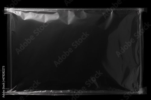 Transparent plastic wrap overlay on black background. Horizontal stretched polyethylene cover.