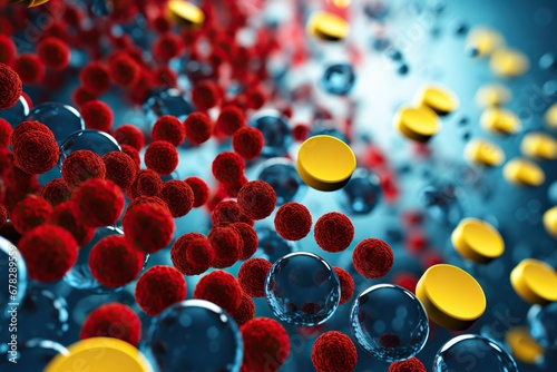Numerous red and yellow molecules, some resembling viral particles, and blue bubbles in a fluid, creating the impression of a microscopic view.