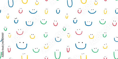 Hand drawn seamless pattern with cute smiles. Colored doodle different smiles for card, fabric, wrapping paper, notepad covers, wallpapers isolated on white background.